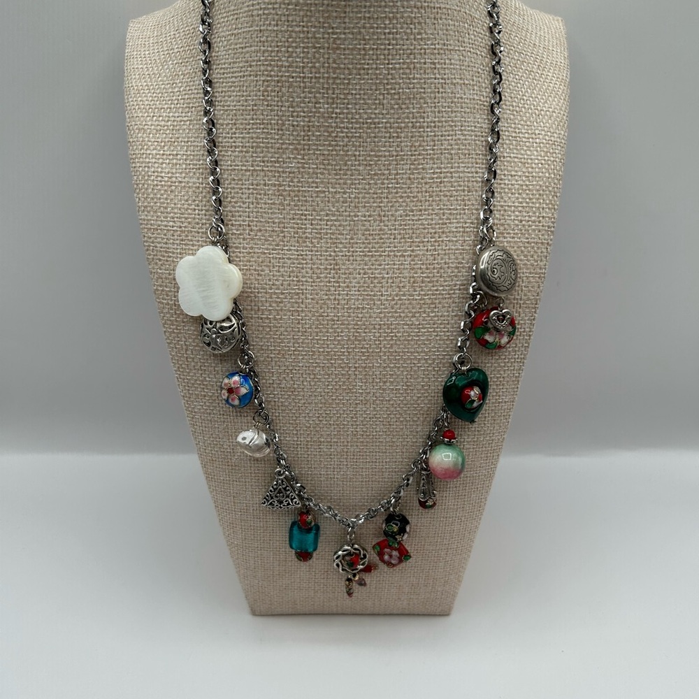 Vintage Silver Tone Cloisonné Mellofiore Style Beaded Charm Necklace